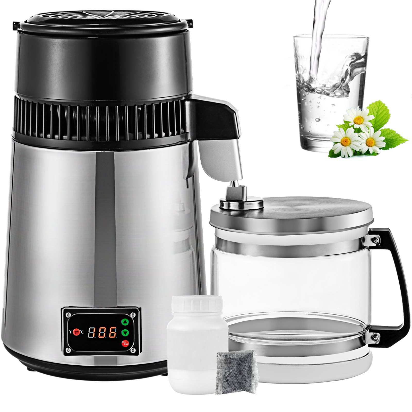 VEVOR Stainless Steel Water Distiller 745W Water Distillation Kit 1.0 Gallon/4.2 L Water Distiller Home Countertop Connection Bottle Food-Grade Outlet Glass Container (Digital Panel-Silver)