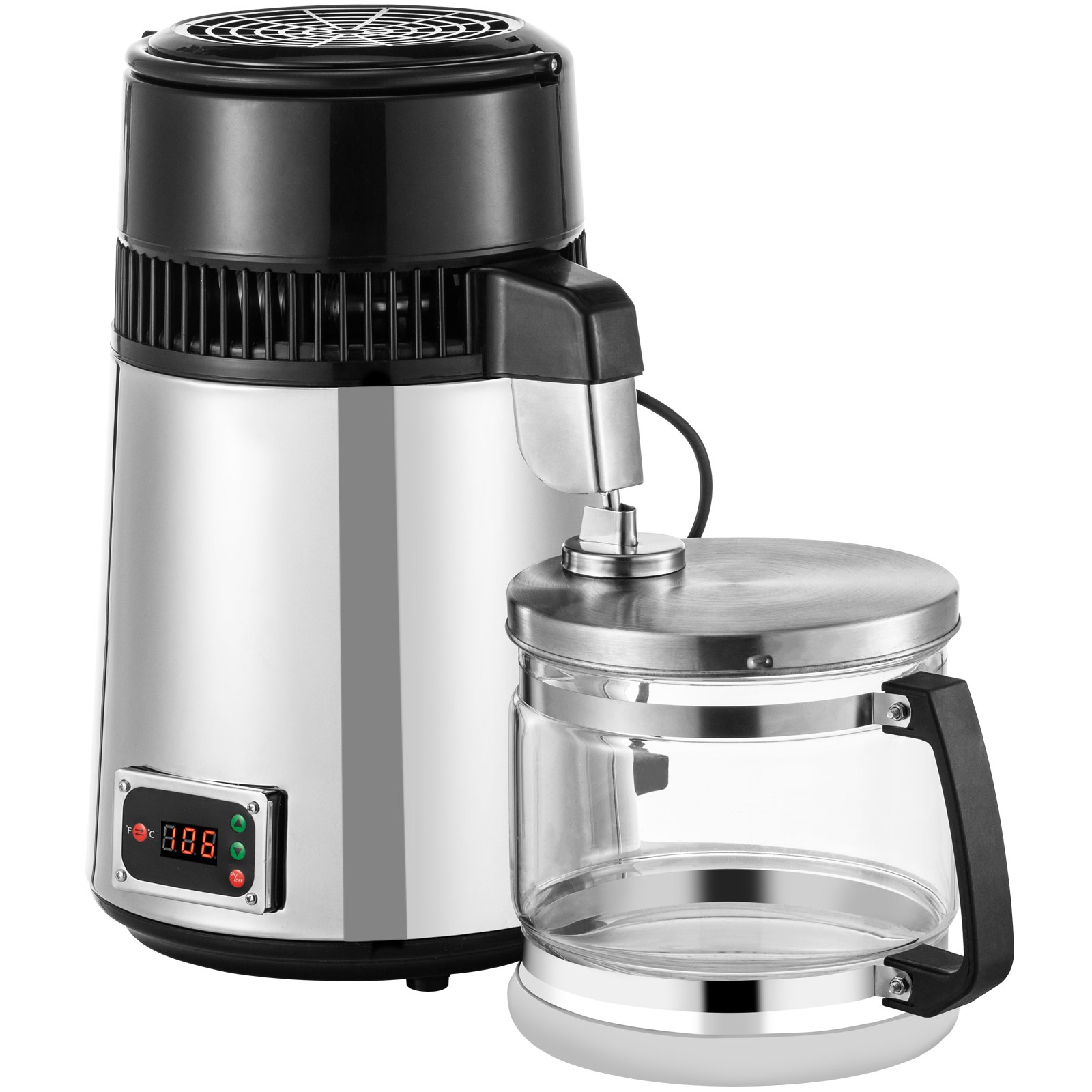 VEVOR Stainless Steel Water Distiller 745W Water Distillation Kit 1.0 Gallon/4.2 L Water Distiller Home Countertop Connection Bottle Food-Grade Outlet Glass Container (Digital Panel-Silver)