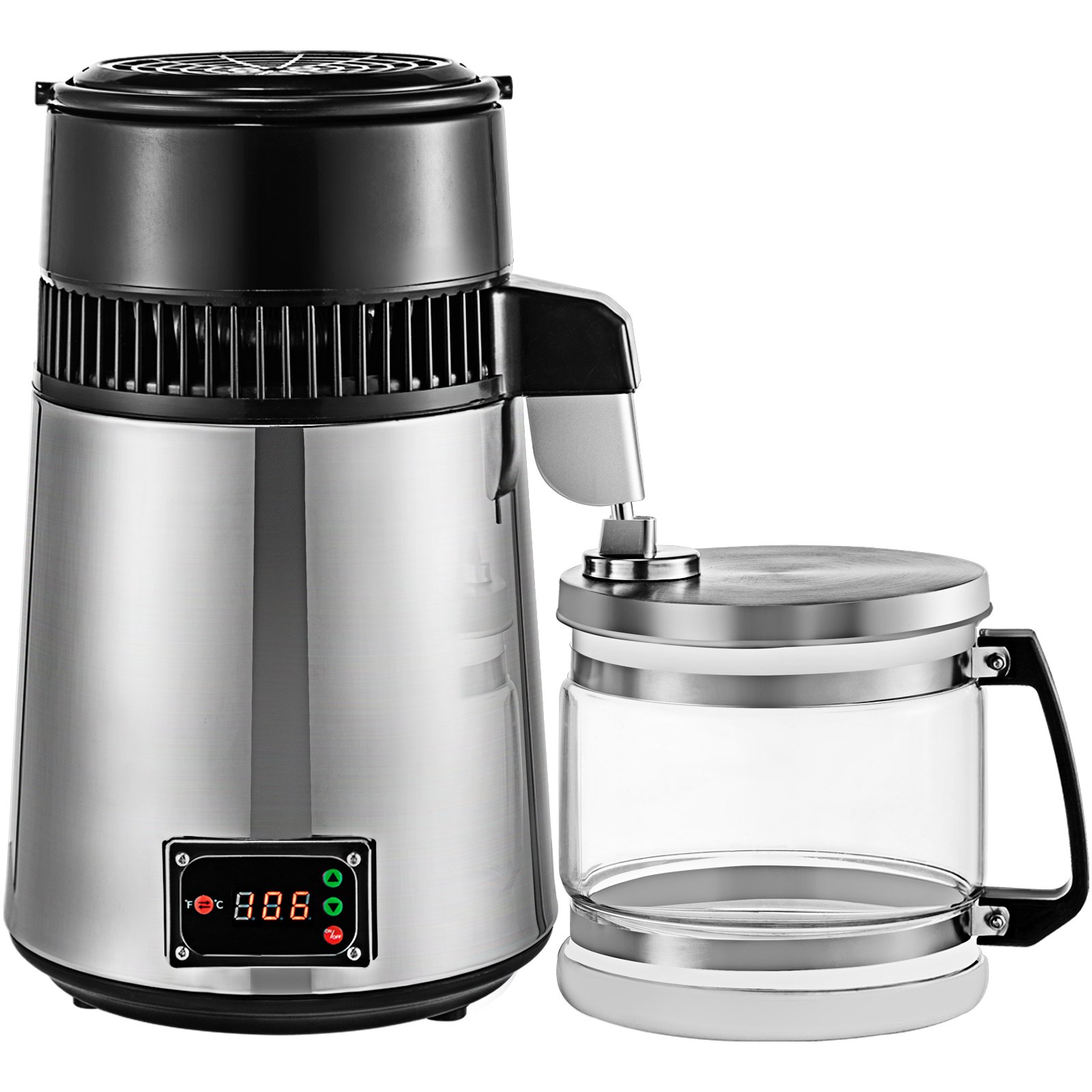 VEVOR Stainless Steel Water Distiller 745W Water Distillation Kit 1.0 Gallon/4.2 L Water Distiller Home Countertop Connection Bottle Food-Grade Outlet Glass Container (Digital Panel-Silver)