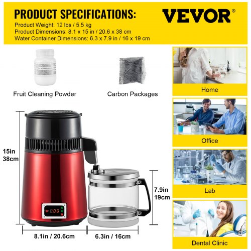 VEVOR Stainless Steel Water Distiller 745W Water Distillation Kit 1.0 Gallon/4.2 L Water Distiller Home Countertop Connection Bottle Food-Grade Outlet Glass Container (Digital Panel-Red)