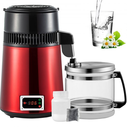 VEVOR Stainless Steel Water Distiller 745W Water Distillation Kit 1.0 Gallon/4.2 L Water Distiller Home Countertop Connection Bottle Food-Grade Outlet Glass Container (Digital Panel-Red)