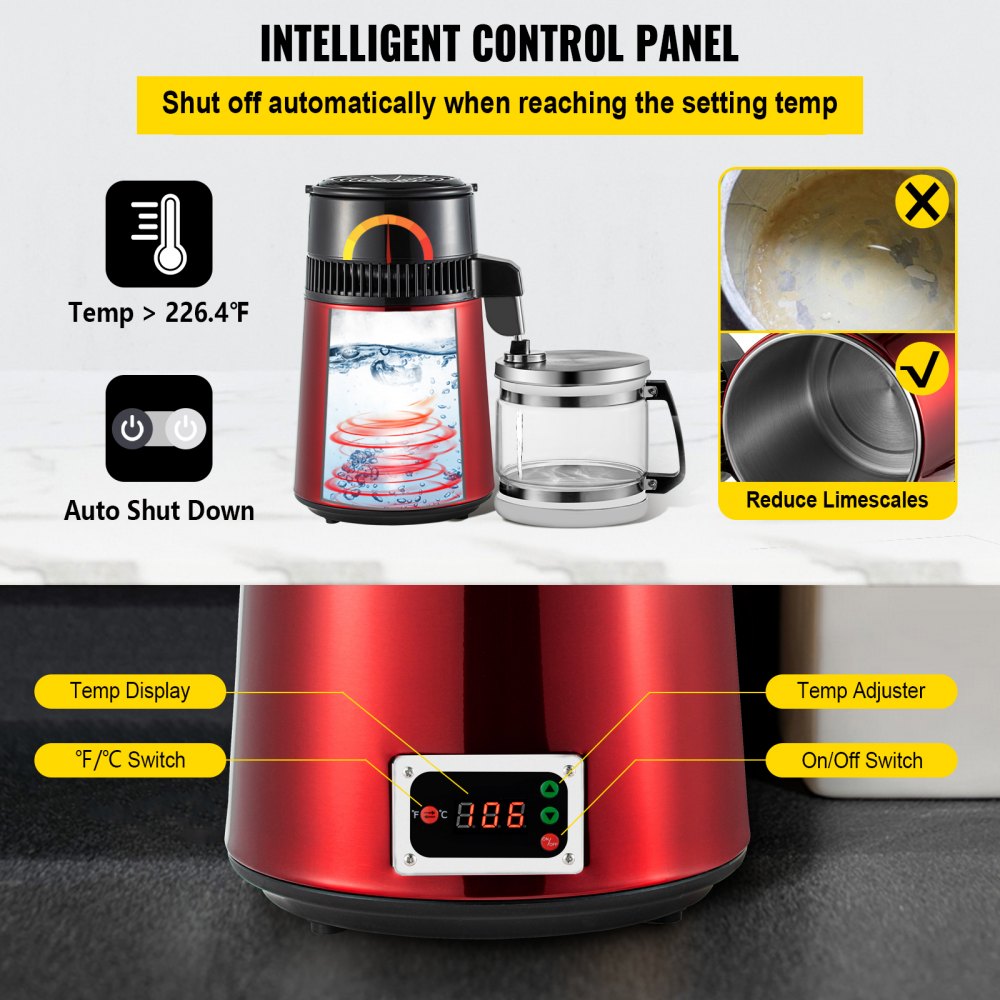 VEVOR Stainless Steel Water Distiller 745W Water Distillation Kit 1.0 Gallon/4.2 L Water Distiller Home Countertop Connection Bottle Food-Grade Outlet Glass Container (Digital Panel-Red)