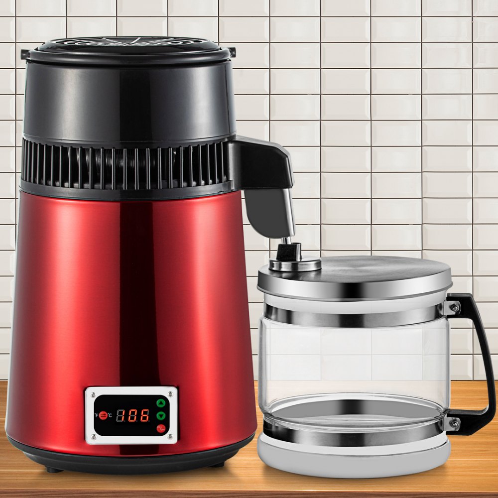 VEVOR Stainless Steel Water Distiller 745W Water Distillation Kit 1.0 Gallon/4.2 L Water Distiller Home Countertop Connection Bottle Food-Grade Outlet Glass Container (Digital Panel-Red)