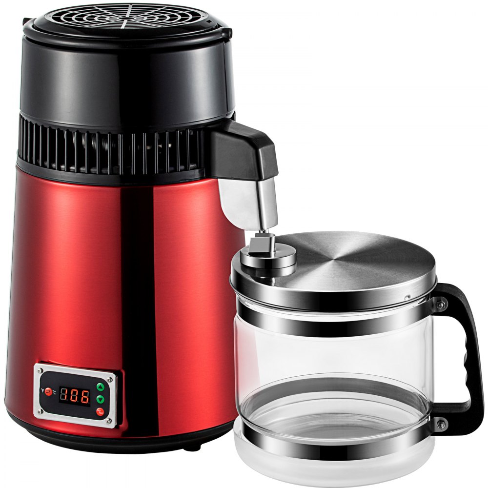 VEVOR Stainless Steel Water Distiller 745W Water Distillation Kit 1.0 Gallon/4.2 L Water Distiller Home Countertop Connection Bottle Food-Grade Outlet Glass Container (Digital Panel-Red)