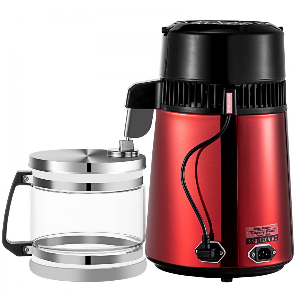 VEVOR Stainless Steel Water Distiller 745W Water Distillation Kit 1.0 Gallon/4.2 L Water Distiller Home Countertop Connection Bottle Food-Grade Outlet Glass Container (Digital Panel-Red)