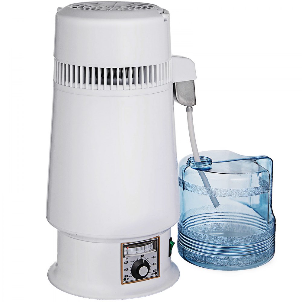 VEVOR Destilador de agua de acero inoxidable 746 W Kit de destilación de agua 1 galón/4,3 L Destilador de agua Botella de conexión de encimera para el hogar Contenedor de vidrio de salida de grado alimenticio (diseño mejorado)
