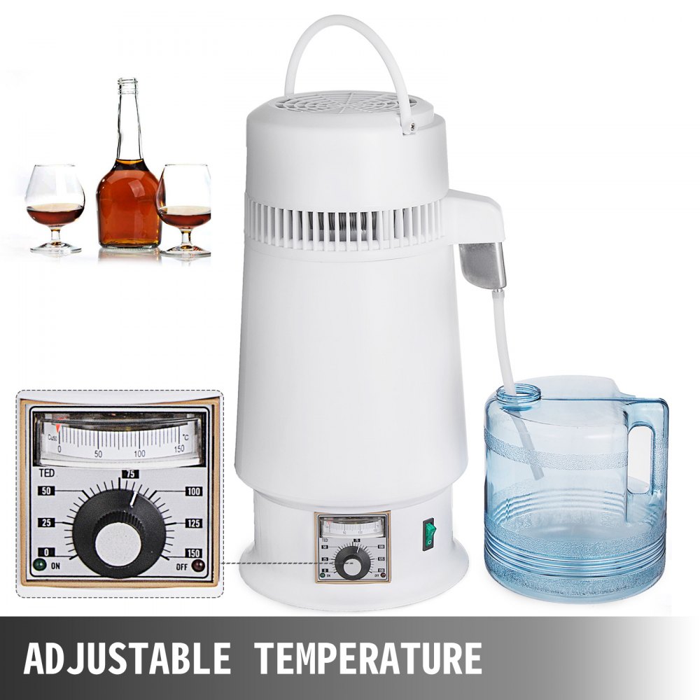 VEVOR Destilador de agua de acero inoxidable 746 W Kit de destilación de agua 1 galón/4,3 L Destilador de agua Botella de conexión de encimera para el hogar Contenedor de vidrio de salida de grado alimenticio (diseño mejorado)