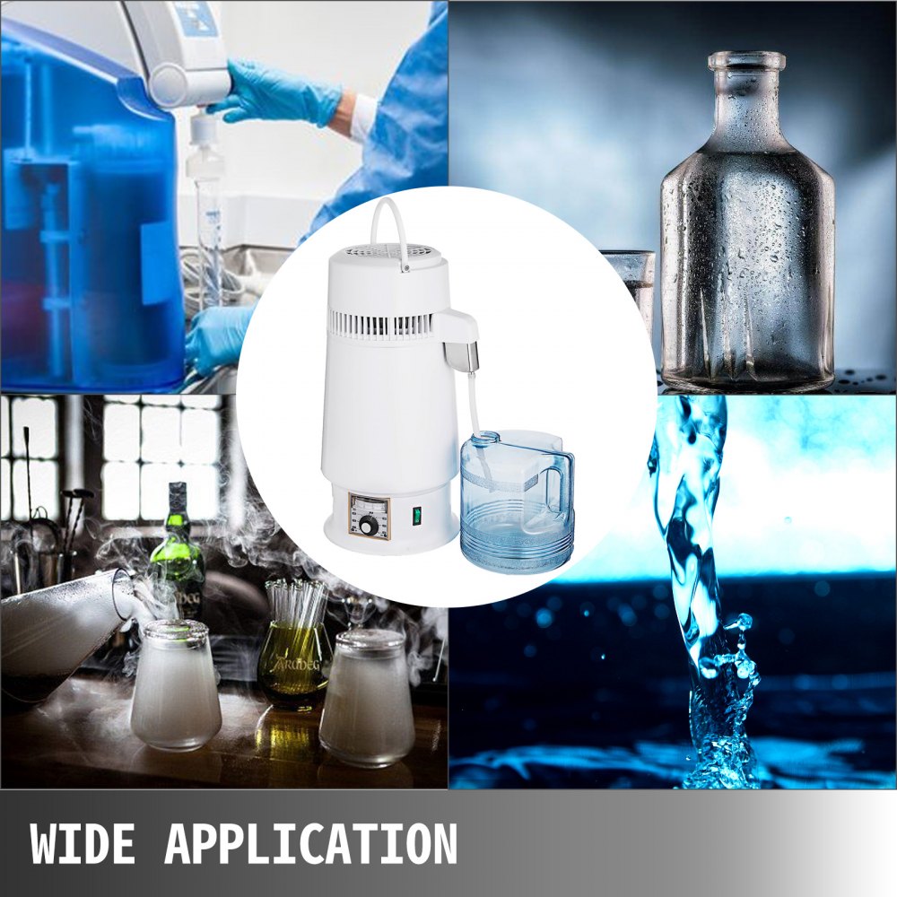 VEVOR Destilador de agua de acero inoxidable 746 W Kit de destilación de agua 1 galón/4,3 L Destilador de agua Botella de conexión de encimera para el hogar Contenedor de vidrio de salida de grado alimenticio (diseño mejorado)