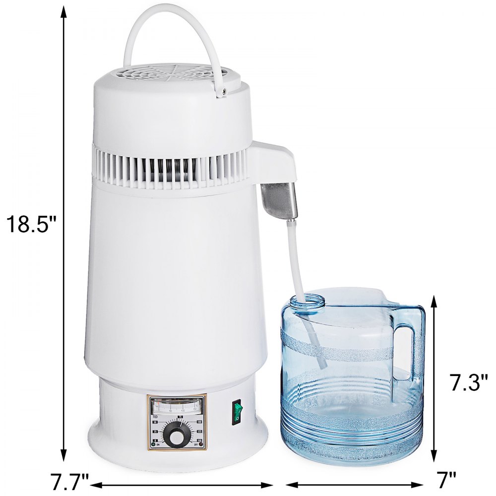 VEVOR Destilador de agua de acero inoxidable 746 W Kit de destilación de agua 1 galón/4,3 L Destilador de agua Botella de conexión de encimera para el hogar Contenedor de vidrio de salida de grado alimenticio (diseño mejorado)