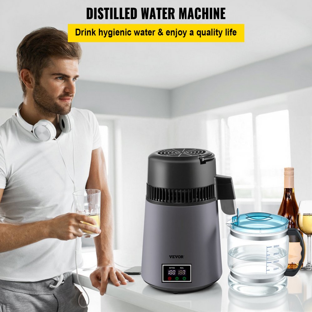 VEVOR Water Distiller 4 L Distilled Water Maker, Distilled Water Machine 0.88 Gal Pure Water Distiller with Dual Temperature Display 750W Water Distillers for Home Countertop with Glass Container Grey