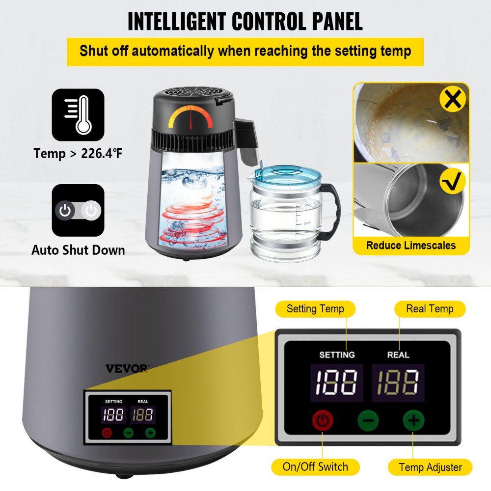 VEVOR Water Distiller 4 L Distilled Water Maker, Distilled Water Machine 0.88 Gal Pure Water Distiller with Dual Temperature Display 750W Water Distillers for Home Countertop with Glass Container Grey