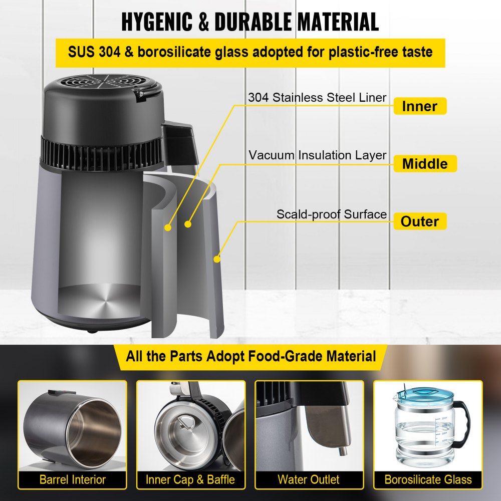 VEVOR Water Distiller 4 L Distilled Water Maker, Distilled Water Machine 0.88 Gal Pure Water Distiller with Dual Temperature Display 750W Water Distillers for Home Countertop with Glass Container Grey