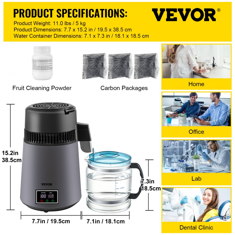 VEVOR Water Distiller 4 L Distilled Water Maker, Distilled Water Machine 0.88 Gal Pure Water Distiller with Dual Temperature Display 750W Water Distillers for Home Countertop with Glass Container Grey