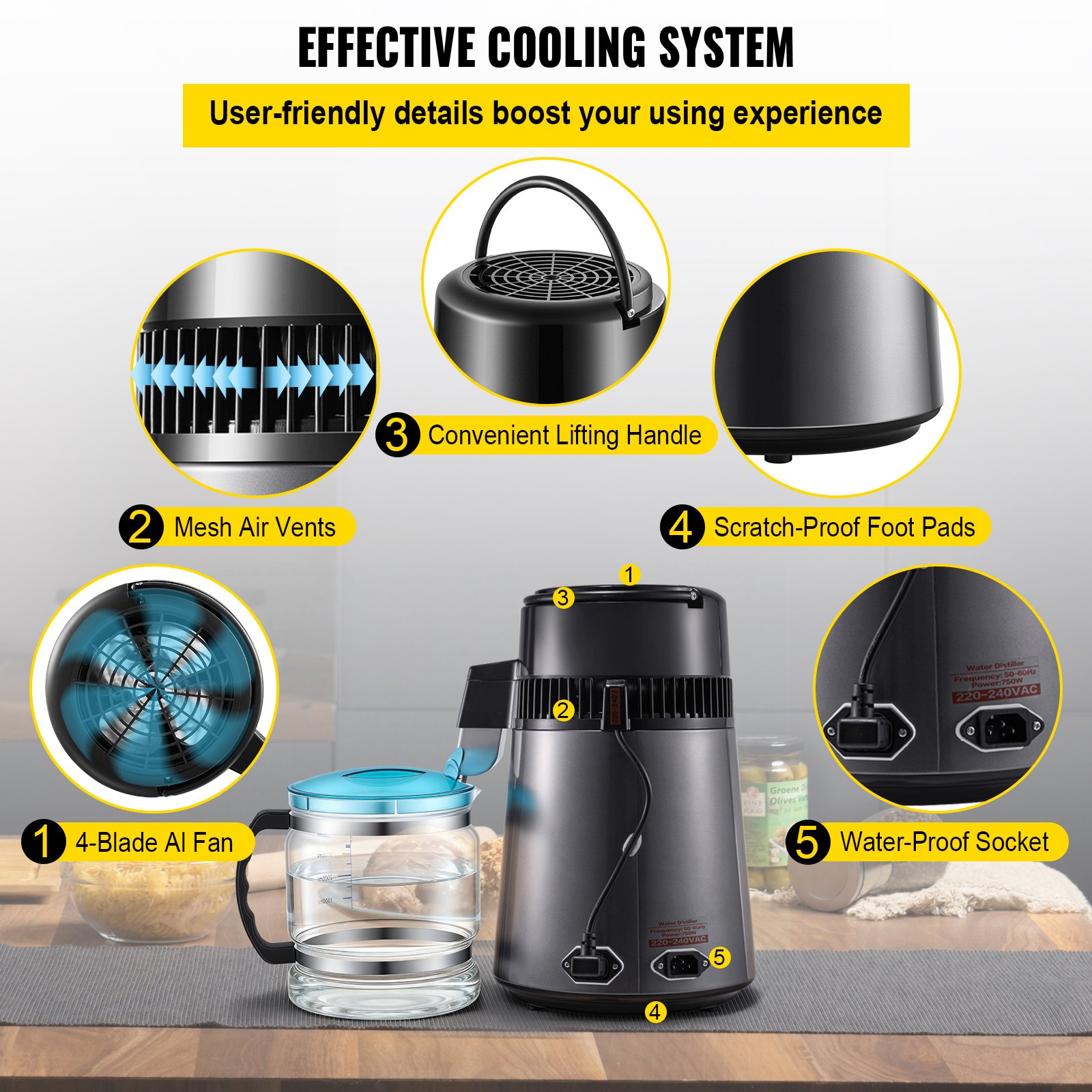 VEVOR Water Distiller 4 L Distilled Water Maker, Distilled Water Machine 0.88 Gal Pure Water Distiller with Dual Temperature Display 750W Water Distillers for Home Countertop with Glass Container Grey