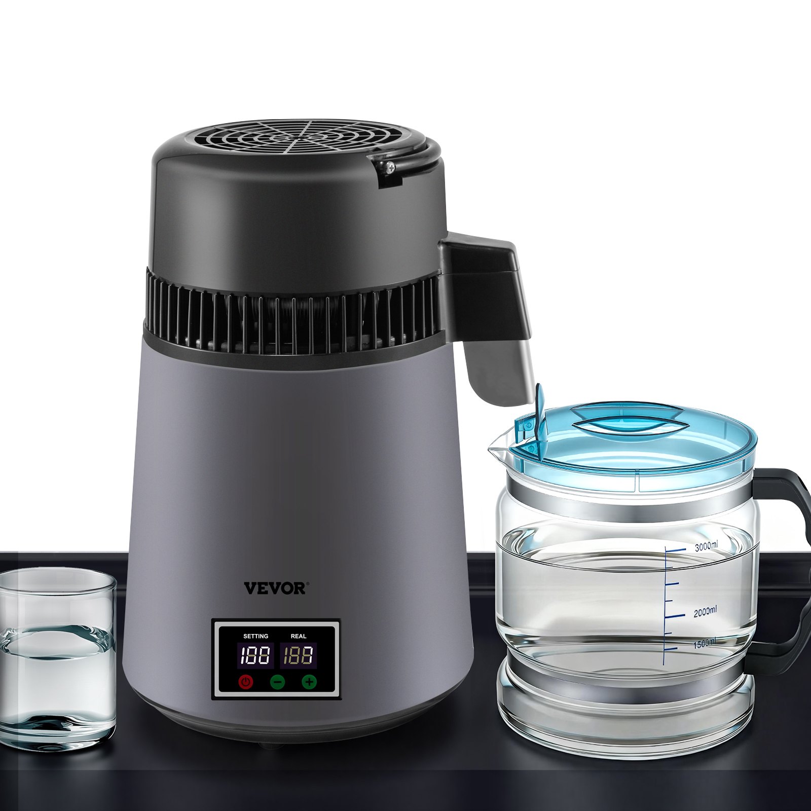 VEVOR Water Distiller 4 L Distilled Water Maker, Distilled Water Machine 0.88 Gal Pure Water Distiller with Dual Temperature Display 750W Water Distillers for Home Countertop with Glass Container Grey