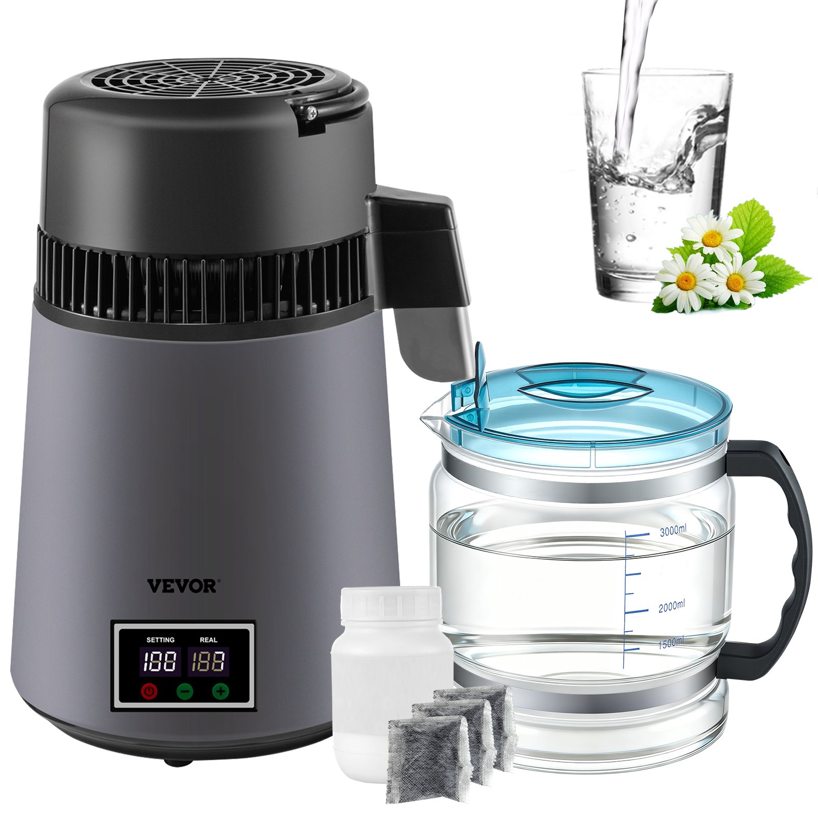 VEVOR Water Distiller 4 L Distilled Water Maker, Distilled Water Machine 0.88 Gal Pure Water Distiller with Dual Temperature Display 750W Water Distillers for Home Countertop with Glass Container Grey