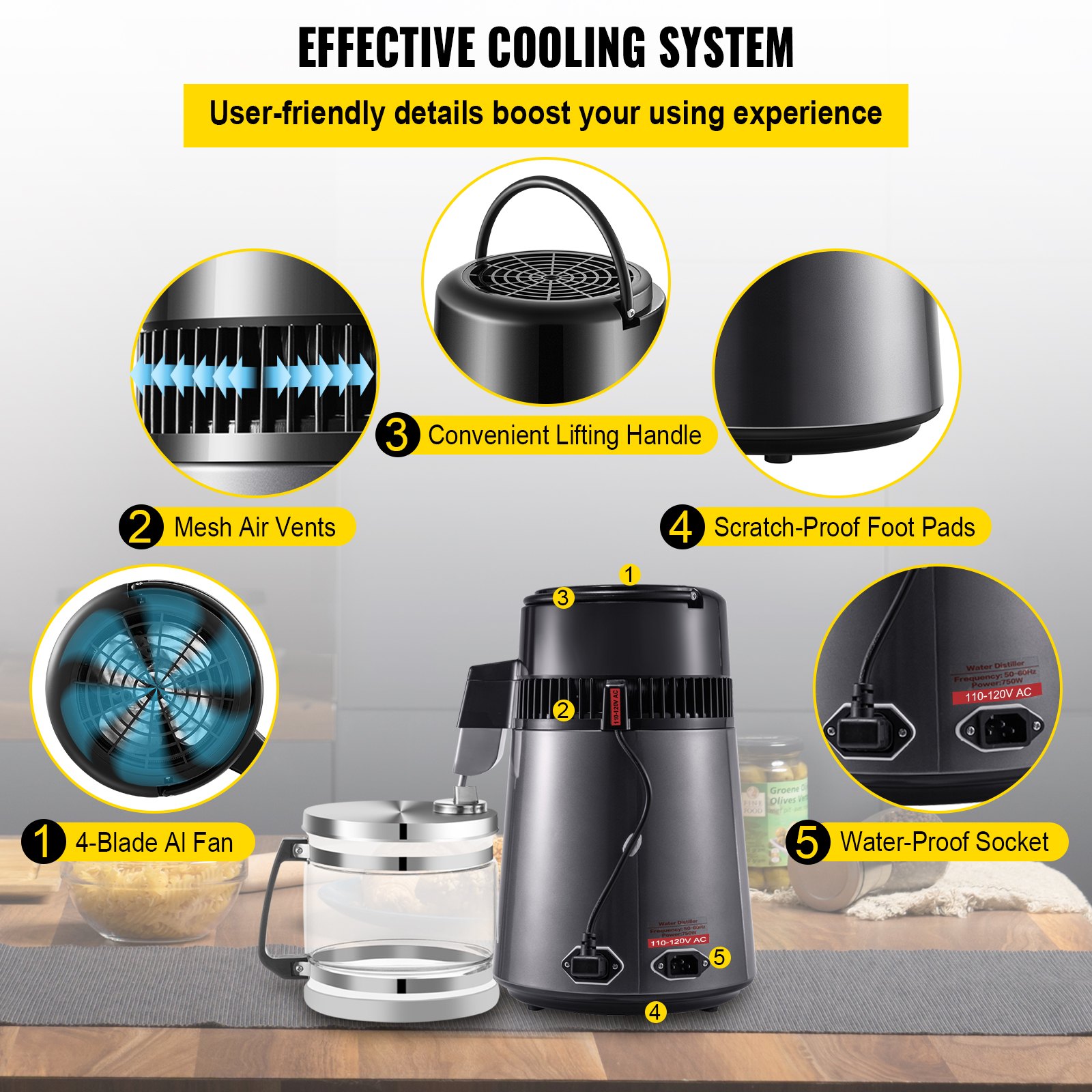 VEVOR Water Distiller 4 L Distilled Water Maker 1.1 Gal Pure Water Distiller with Dual Temperature Display 750W Distilled Water Machine Water Distillers for Home Countertop with Glass Container Gray