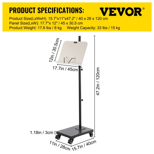VEVOR Book Floor Stand, 180°Viewing Angle, Height & Panel Adjustable Reading Stand, Rolling Book Stand w/ 4 wheels, for 4.5''-12'' Phone, iPad and Books in Home Office, Black & White