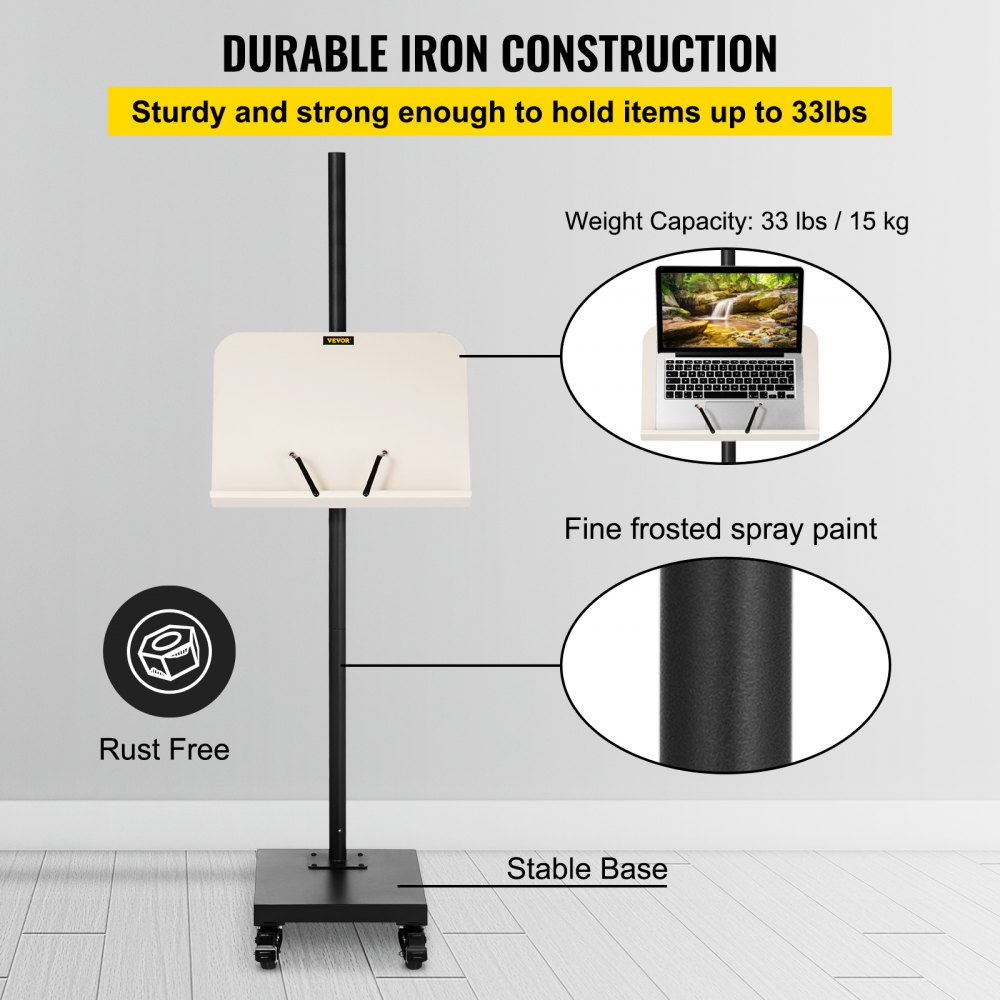 VEVOR Book Floor Stand, 180°Viewing Angle, Height & Panel Adjustable Reading Stand, Rolling Book Stand w/ 4 wheels, for 4.5''-12'' Phone, iPad and Books in Home Office, Black & White