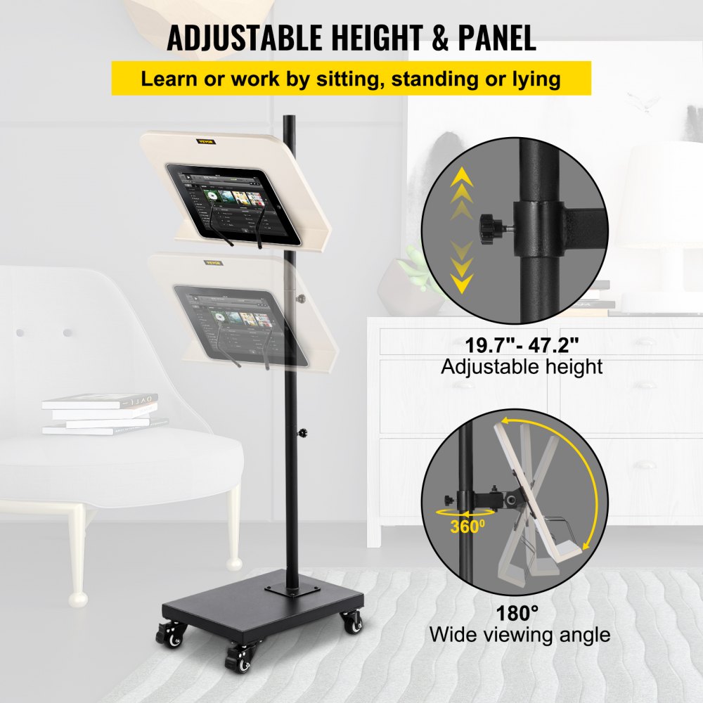 VEVOR Book Floor Stand, 180°Viewing Angle, Height & Panel Adjustable Reading Stand, Rolling Book Stand w/ 4 wheels, for 4.5''-12'' Phone, iPad and Books in Home Office, Black & White