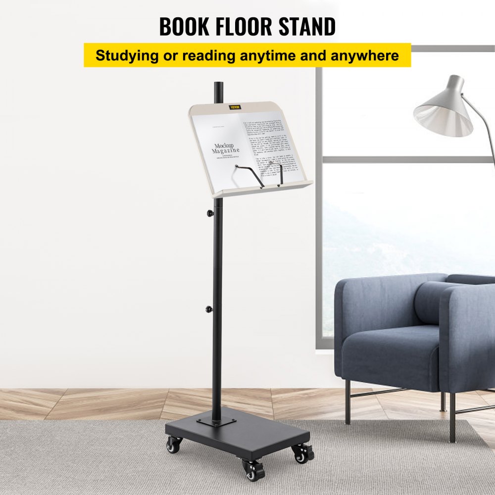 VEVOR Book Floor Stand, 180° Viewing Angle, Height & Panel Adjustable  Reading Stand, Rolling Book Stand w/ 4 Wheels, for 4.5''-12'' Phone, iPad  and Books in Home Office, Black & White