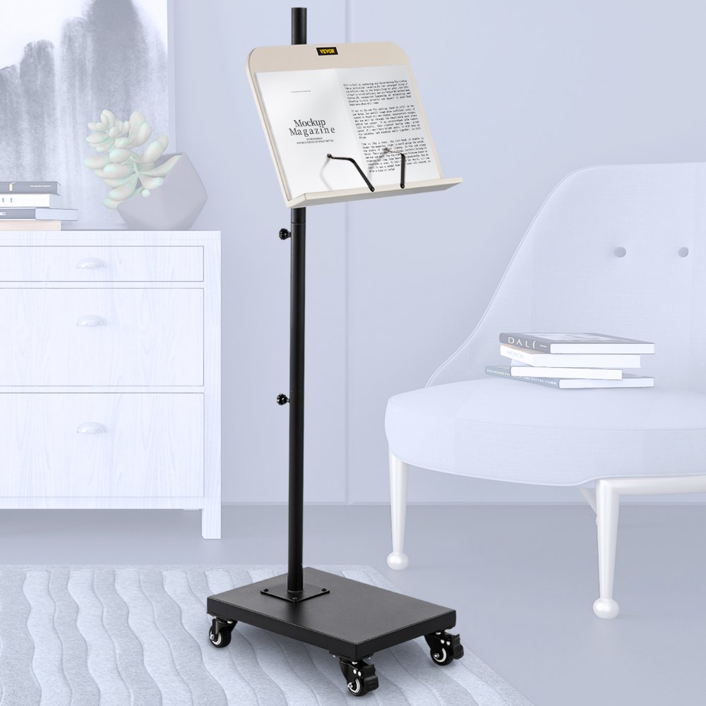 VEVOR reading stand with magazine in modern living room, next to a white cabinet and chair with books