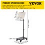 VEVOR Book Floor Stand, 180° Viewing Angle, Height & Panel Adjustable Reading Stand, Rolling Book Stand w/ 4 Wheels, for 4.5''-12'' Phone, iPad and Books in Home Office, Black & White