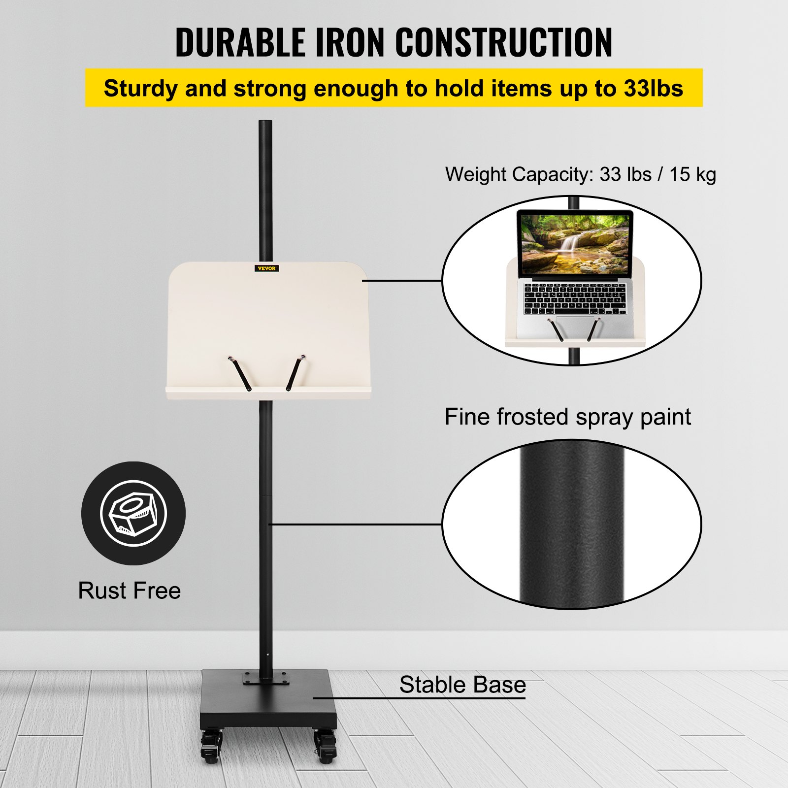 VEVOR Book Floor Stand, 180°Viewing Angle, Height & Panel Adjustable Reading Stand, Rolling Book Stand w/ 4 wheels, for 4.5''-12'' Phone, iPad and Books in Home Office, Black & White