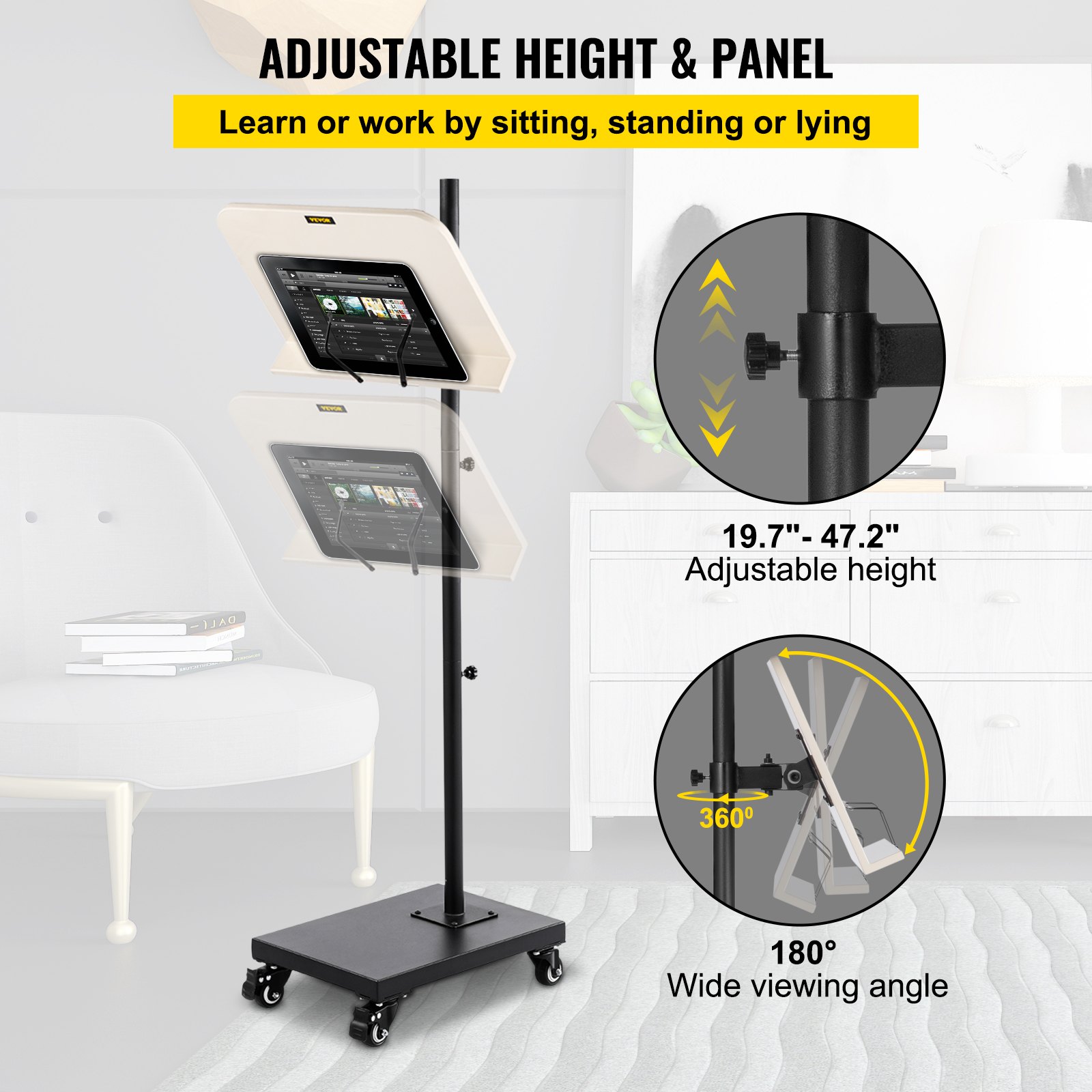 VEVOR Book Floor Stand, 180°Viewing Angle, Height & Panel Adjustable Reading Stand, Rolling Book Stand w/ 4 wheels, for 4.5''-12'' Phone, iPad and Books in Home Office, Black & White