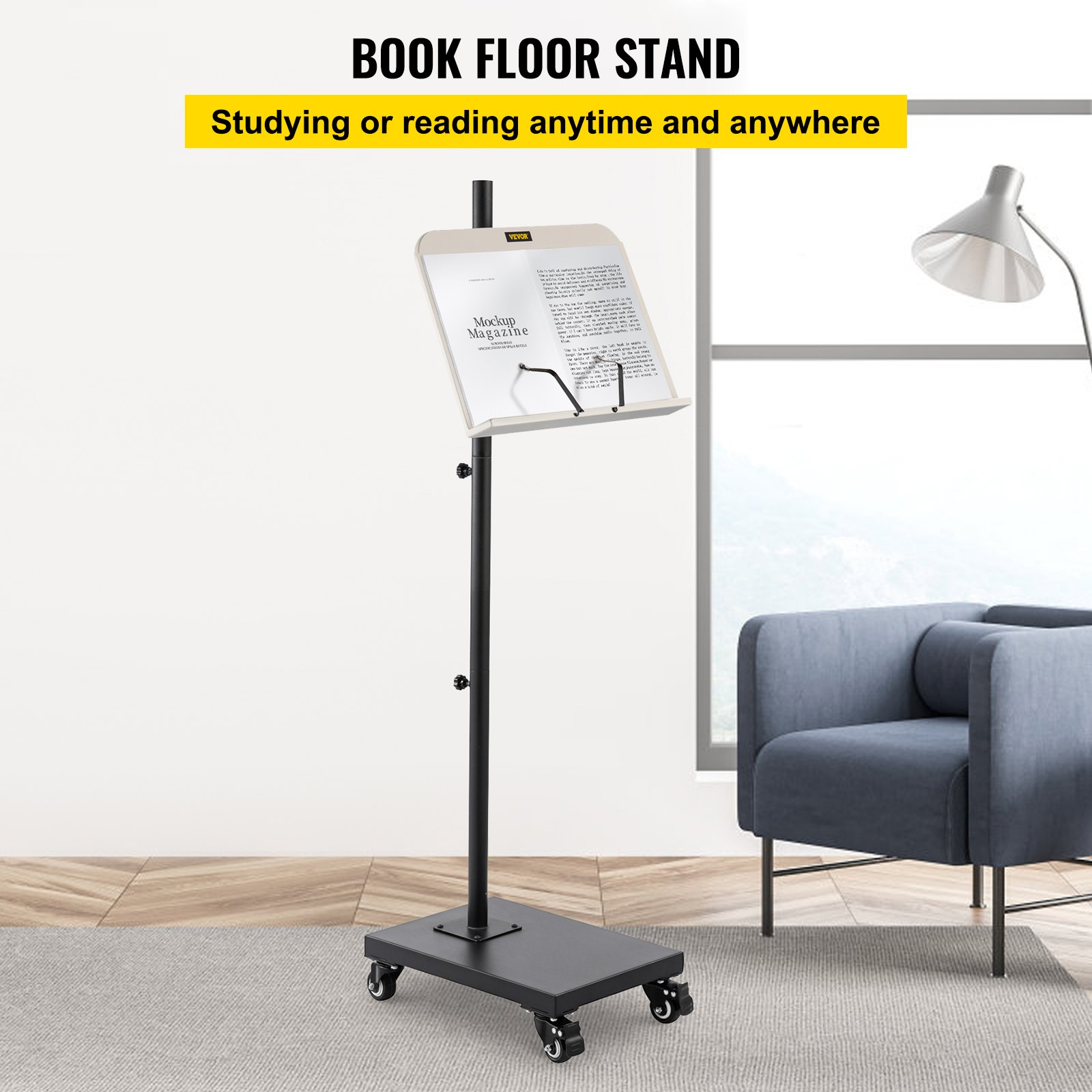 VEVOR reading stand with book holder, adjustable height, and wheels, placed next to a chair in a modern room.