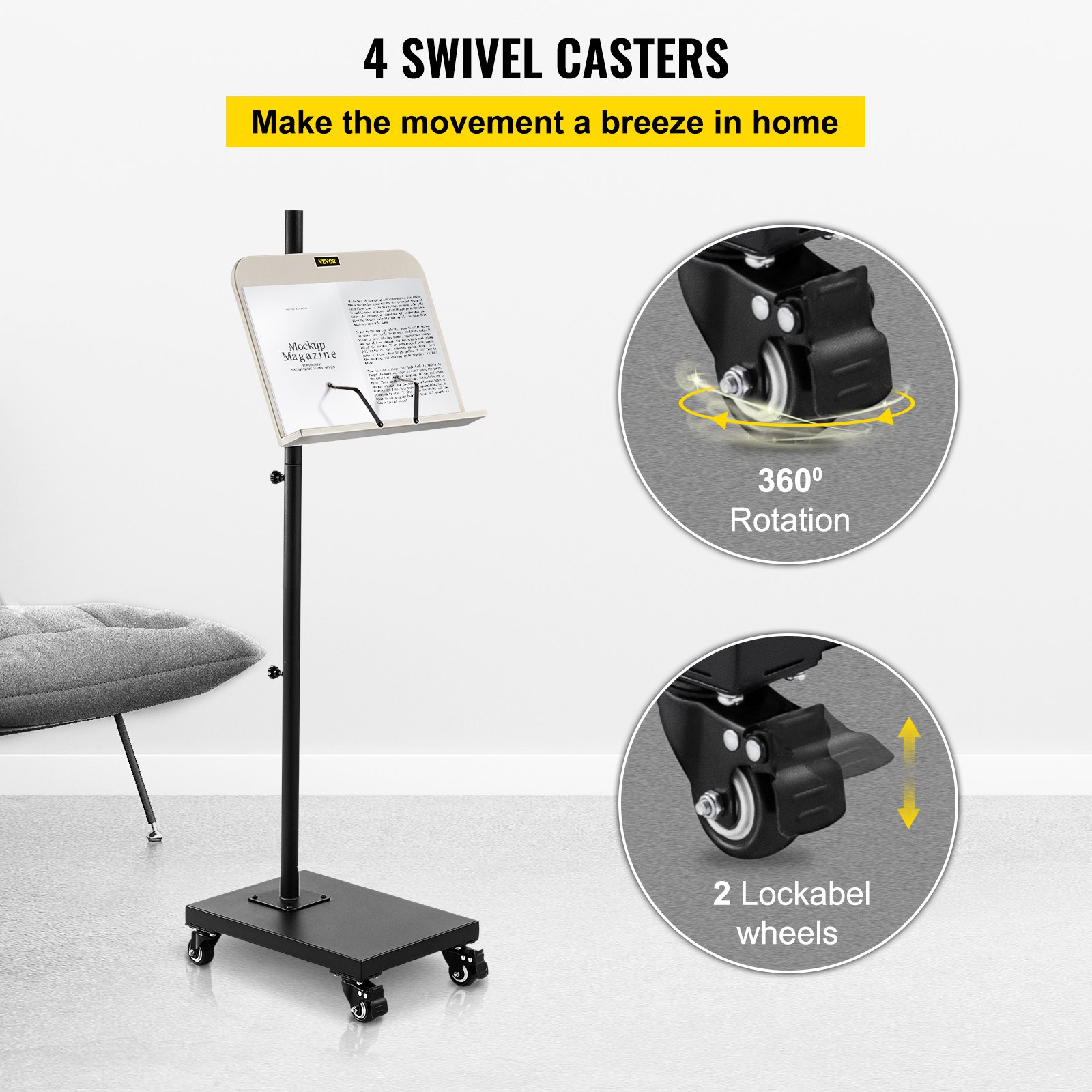 VEVOR reading stand with 4 swivel casters, 360-degree rotation, and 2 lockable wheels for easy mobility.