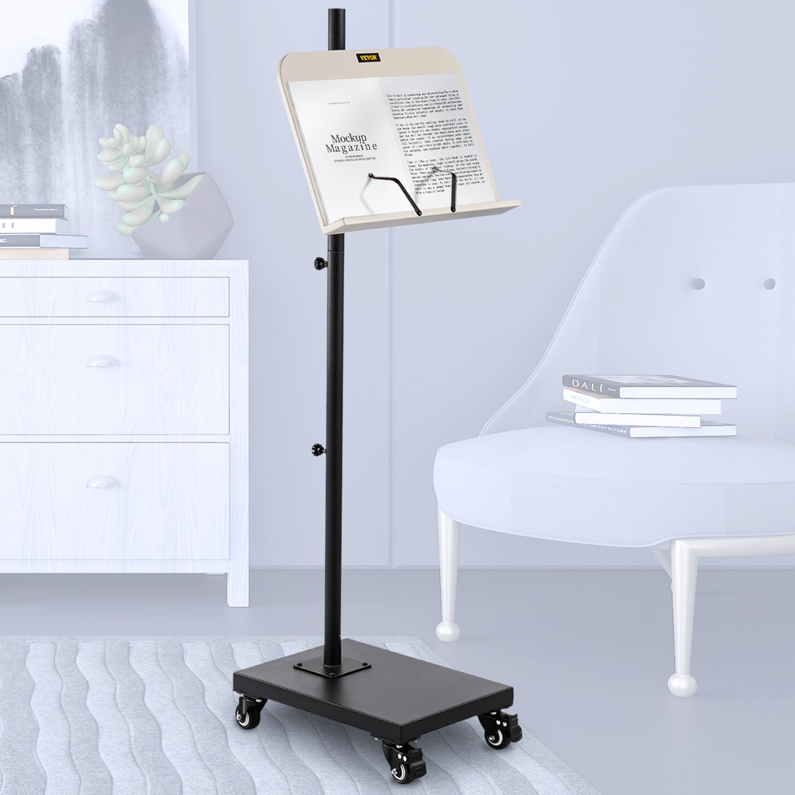 VEVOR reading stand with magazine in modern living room, next to a white cabinet and chair with books