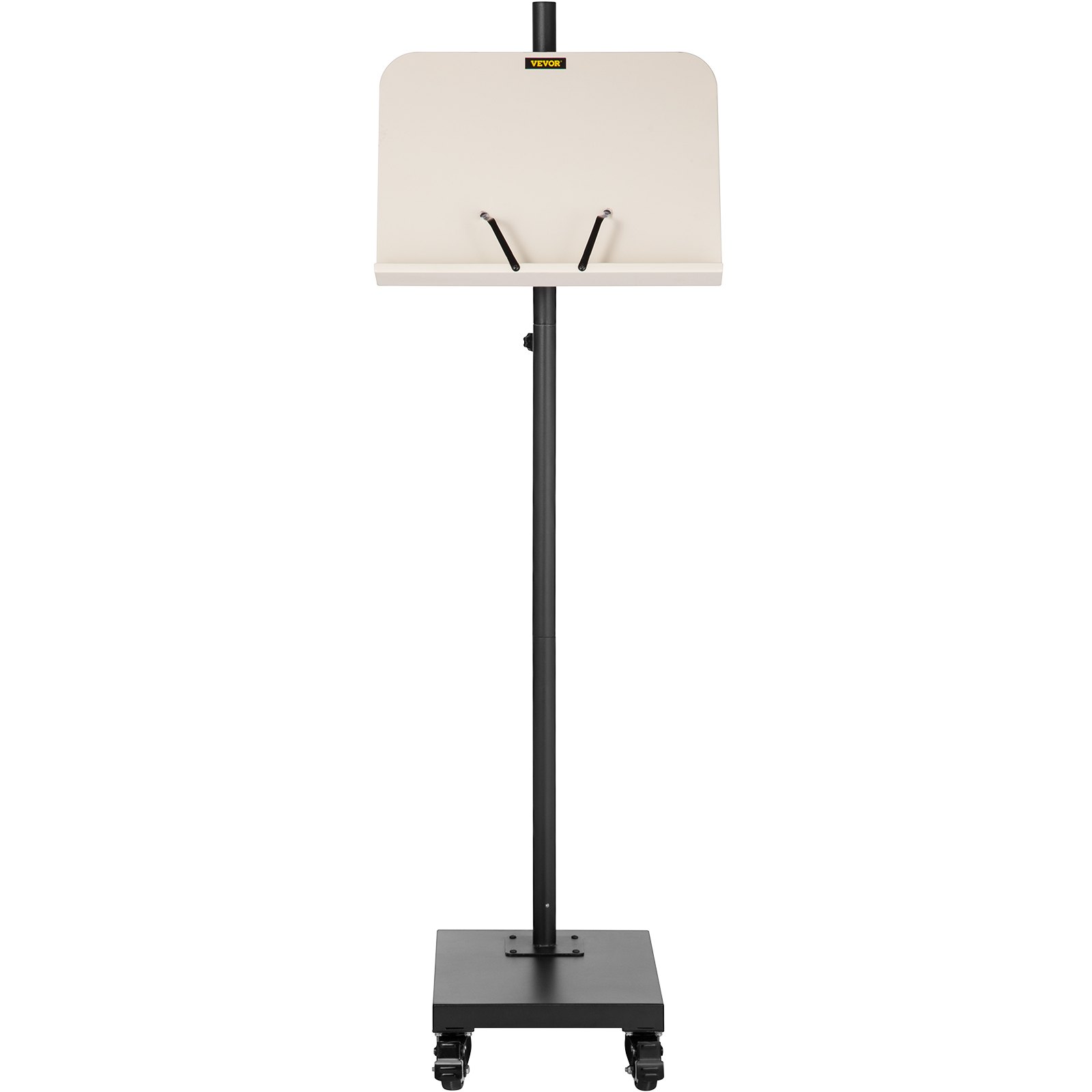 VEVOR reading stand with adjustable height, white book holder, and black base with wheels.
