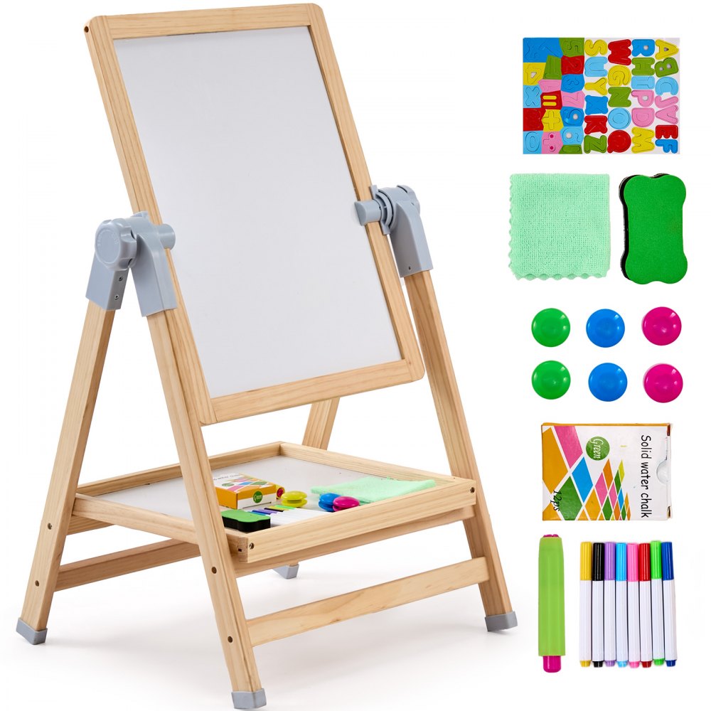 VEVOR 2-in-1 Kids Art Easel Double-Sided Wooden Magnetic Whiteboard Chalkboard