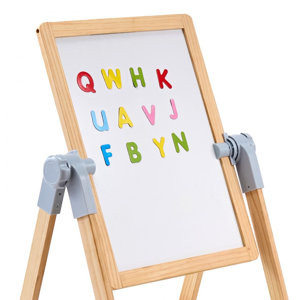 VEVOR Art Easel for Kids, 2-in-1 Wooden Double-Sided Kid's Art Easel with Magnetic Whiteboard & Chalkboard, Adjustable Standing Rotatable Foldable Drawing Board with Painting Accessories for Boy Girl