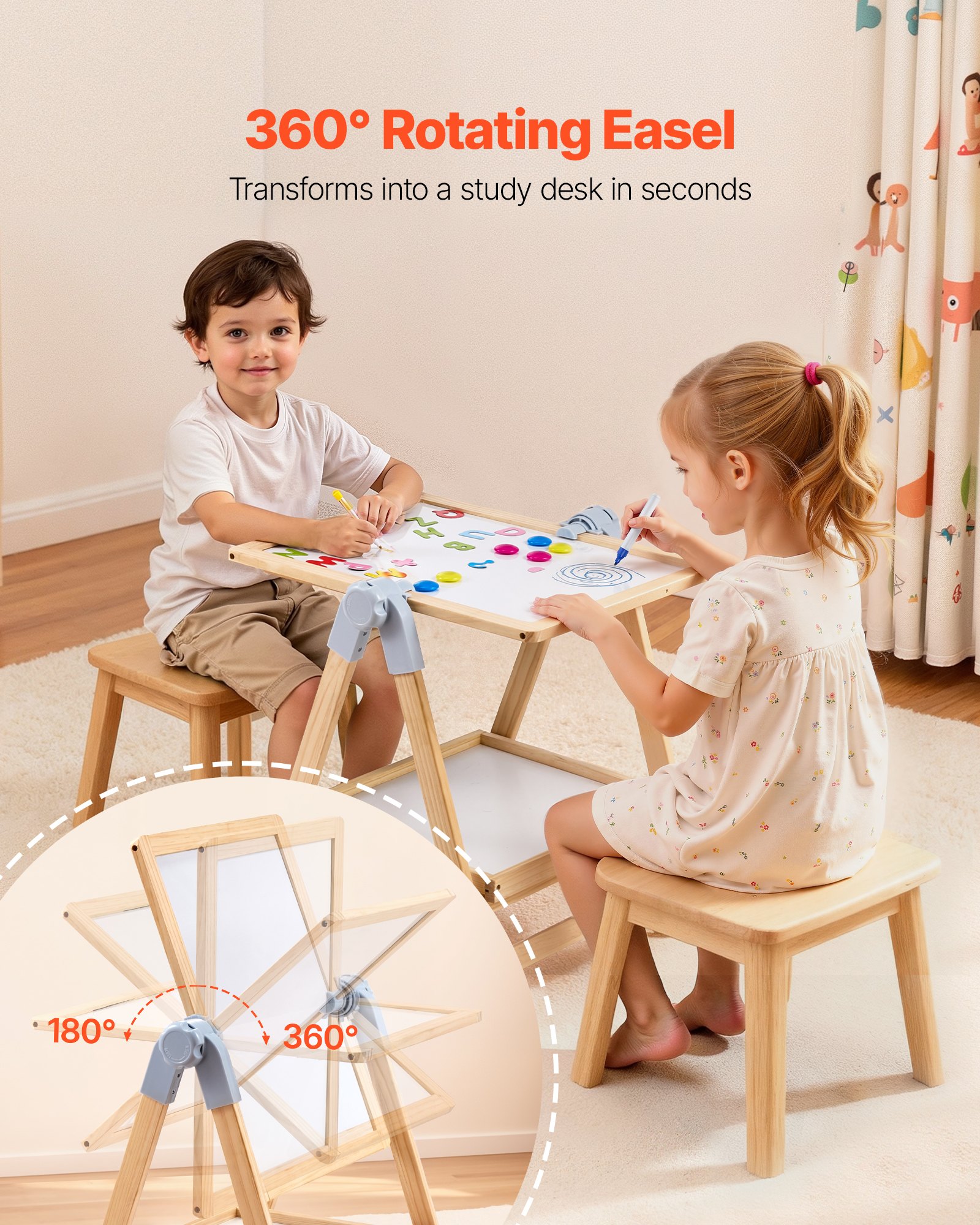 VEVOR Art Easel for Kids, 2-in-1 Wooden Double-Sided Kid's Art Easel with Magnetic Whiteboard & Chalkboard, Adjustable Standing Rotatable Foldable Drawing Board with Painting Accessories for Boy Girl