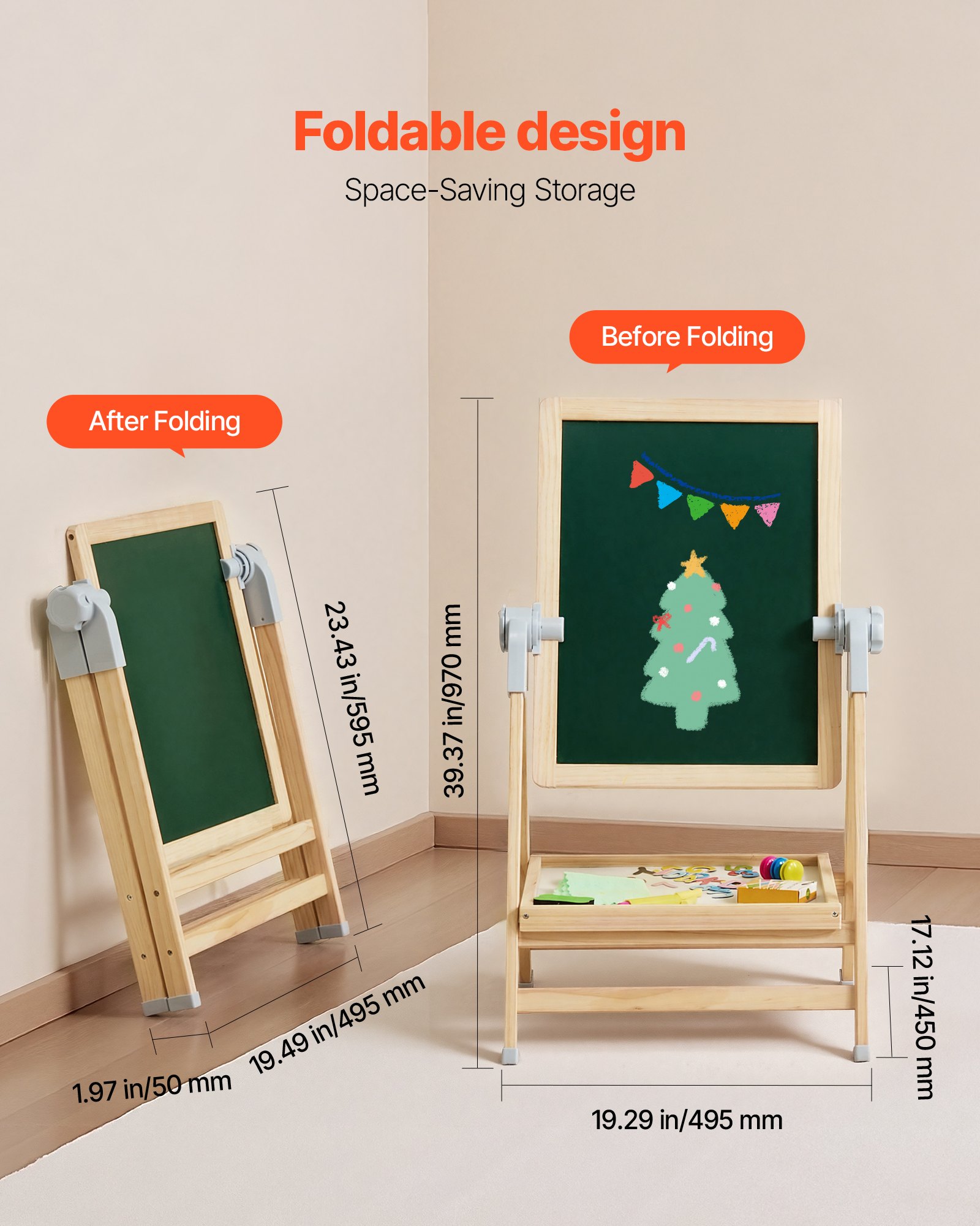 VEVOR Art Easel for Kids, 2-in-1 Wooden Double-Sided Kid's Art Easel with Magnetic Whiteboard & Chalkboard, Adjustable Standing Rotatable Foldable Drawing Board with Painting Accessories for Boy Girl