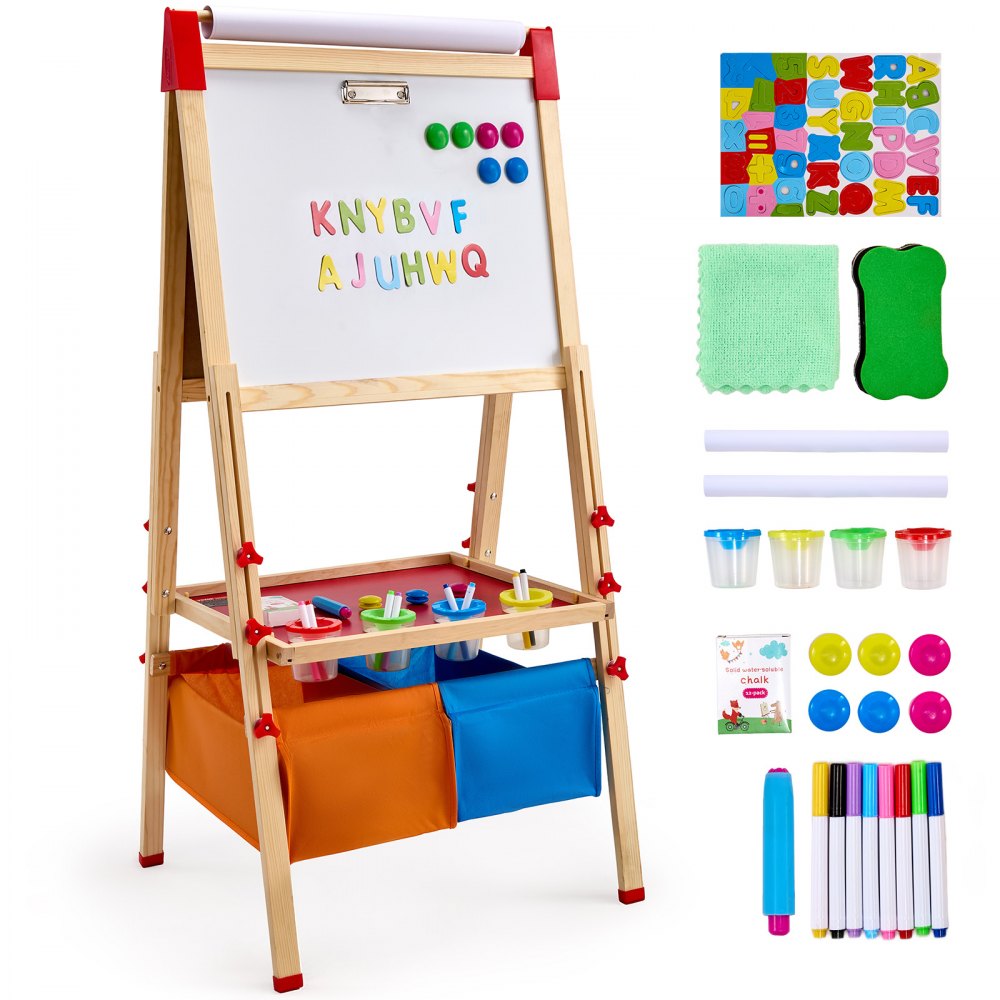 VEVOR 3-in-1 Kids Art Easel Double-Sided Wooden Magnetic Whiteboard Chalkboard