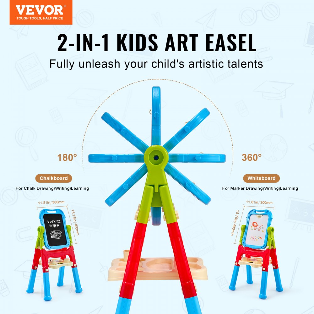 VEVOR Art Easel for Kids, 2-in-1 Double-Sided Kid's Art Easel with Magnetic Whiteboard & Chalkboard, Adjustable Standing Rotatable Removable Drawing Board with Painting Accessories for Boys and Girls