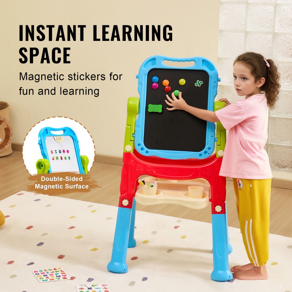 VEVOR Art Easel for Kids, 2-in-1 Double-Sided Kid's Art Easel with Magnetic Whiteboard & Chalkboard, Adjustable Standing Rotatable Removable Drawing Board with Painting Accessories for Boys and Girls