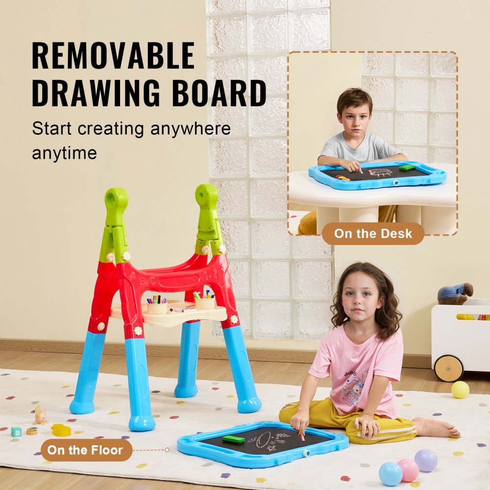 VEVOR Art Easel for Kids, 2-in-1 Double-Sided Kid's Art Easel with Magnetic Whiteboard & Chalkboard, Adjustable Standing Rotatable Removable Drawing Board with Painting Accessories for Boys and Girls