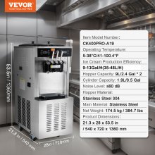 Mașină comercială de înghețată VEVOR Soft Serve, 34-44 L/H, Panou LED cu 3 arome
