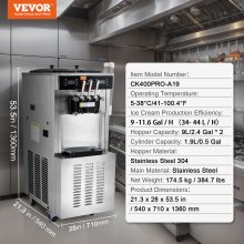 VEVOR Commercial Soft Serve Ice Cream Machine 34-44 L/H Yield 3-Flavor LED Panel