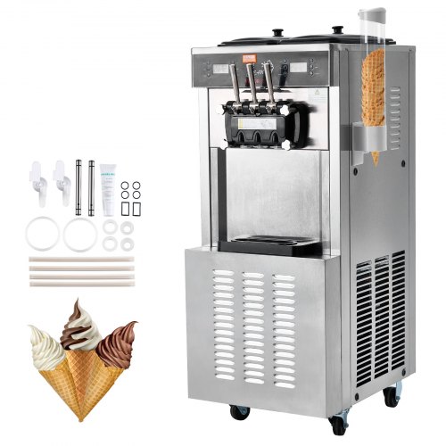 VEVOR Commercial Ice Cream Machine, 34-44 L/H Yield, 3400W 3-Flavor Freestanding Soft Serve Ice Cream Maker, 2 x 9L Stainless Steel Hopper, LED Panel Allows Single Cylinder Use Overnight Refrigeration