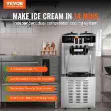 VEVOR Commercial Ice Cream Machine, 34-44 L/H Yield, 3400W 3-Flavor Freestanding Soft Serve Ice Cream Maker, 2 x 9L Stainless Steel Hopper, LED Panel Allows Single Cylinder Use Overnight Refrigeration