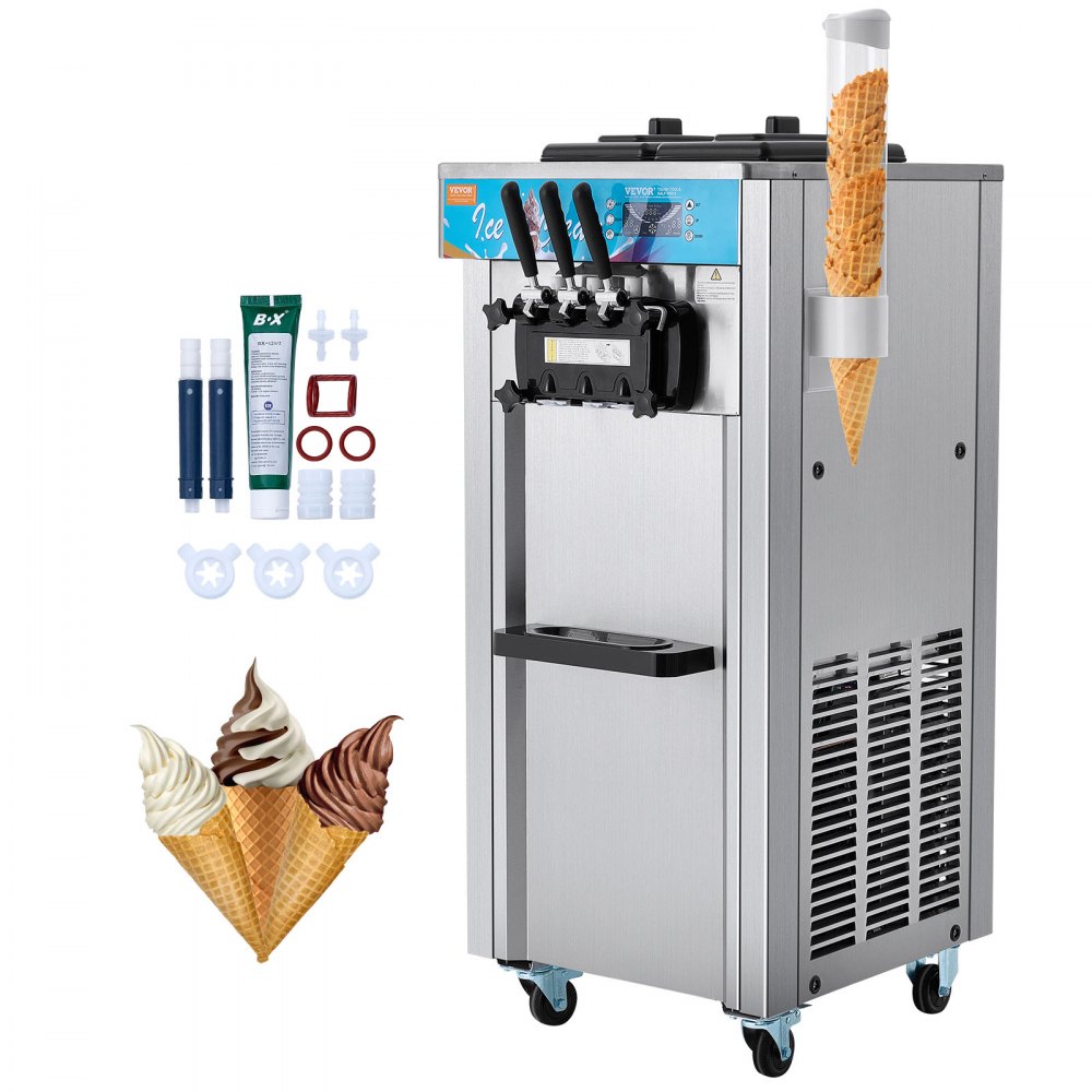 VEVOR ice cream machine with 3 soft-serve cones, cone holder, and maintenance accessories.