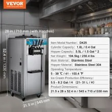 VEVOR Commercial Ice Cream Machine, 21-31 L/H Yield, 1800W 3-Flavor Freestanding Soft Serve Ice Cream Maker,  2 x 5.5L Stainless Steel Cylinder, LED Panel Auto Clean Pre-cooling, for Restaurant Bars