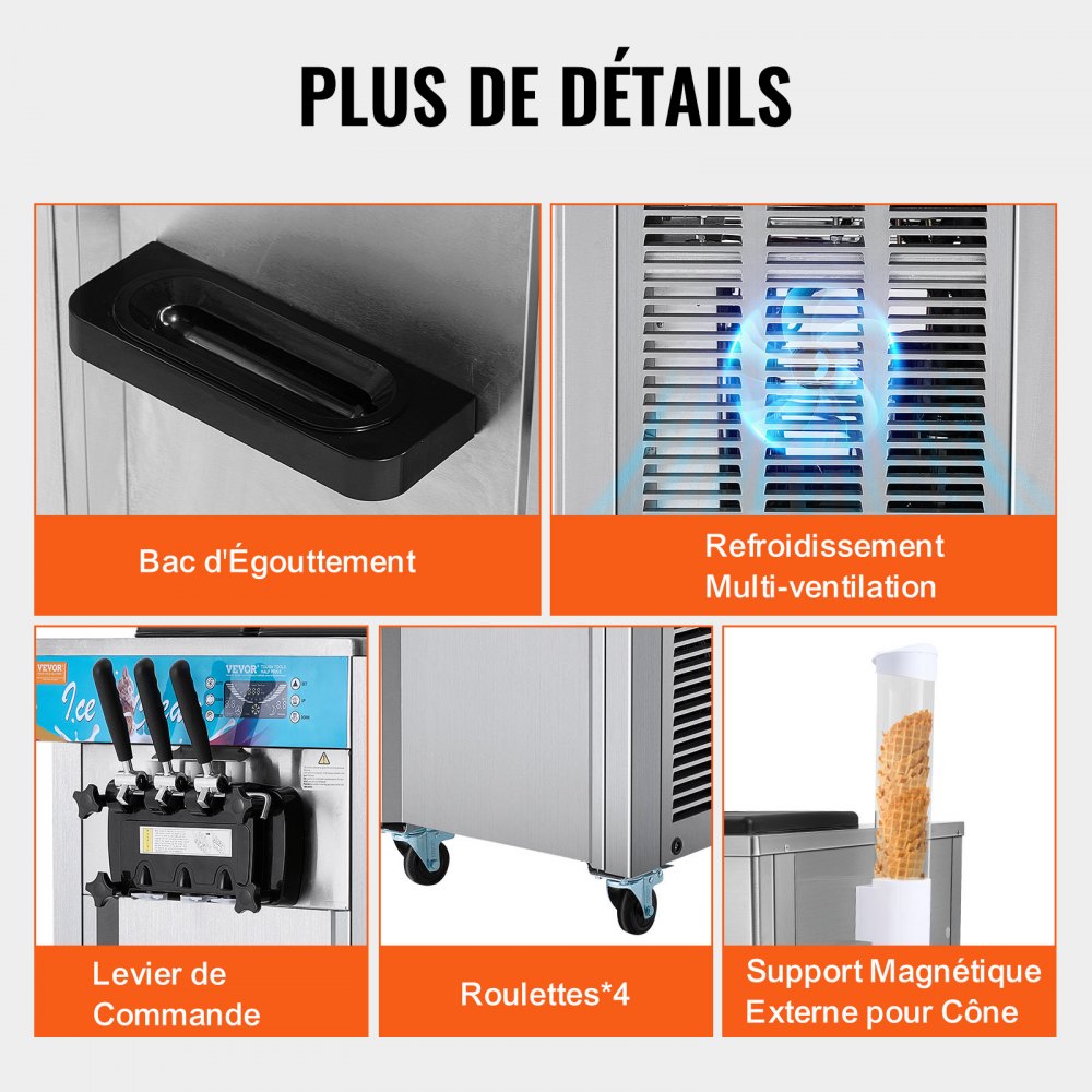 VEVOR Kommersiell glassmaskin, 21–31 l/h kapacitet, 1500 W fristående mjukglassmaskin med 3 smaker, 2 x 5,5 l cylinder i rostfritt stål, LED-panel med automatisk rengöring och förkylning, för restaurangbarer