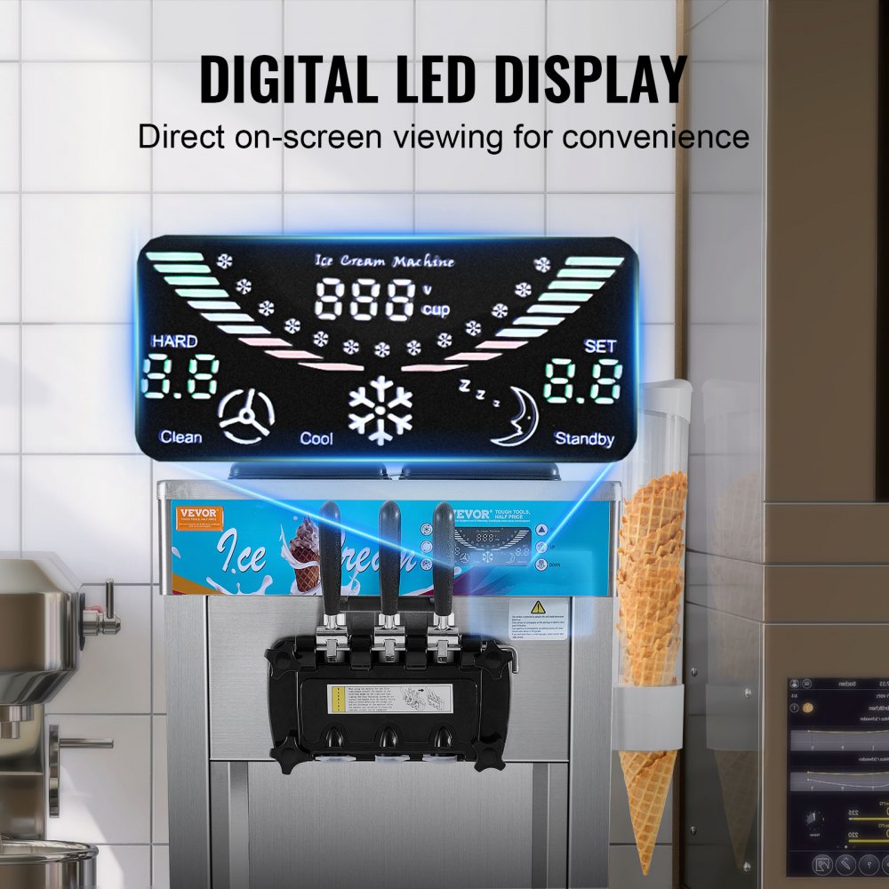 VEVOR Commercial Ice Cream Machine, 21-31 L/H Yield, 1500W 3-Flavor Freestanding Soft Serve Ice Cream Maker,  2 x 5.5L Stainless Steel Cylinder, LED Panel Auto Clean Pre-cooling, for Restaurant Bars