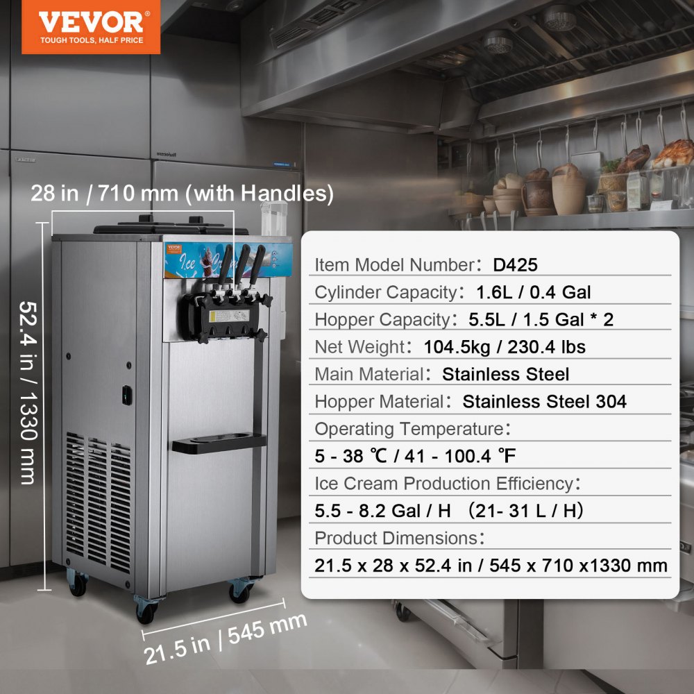 VEVOR Commercial Ice Cream Machine, 21-31 L/H Yield, 1500W 3-Flavor Freestanding Soft Serve Ice Cream Maker,  2 x 5.5L Stainless Steel Cylinder, LED Panel Auto Clean Pre-cooling, for Restaurant Bars